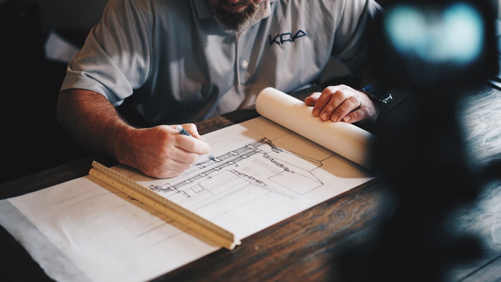 Architectural model and drawings on a studio desk